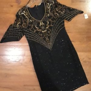 Vintage Sequin Dress Black Gold Sz XL